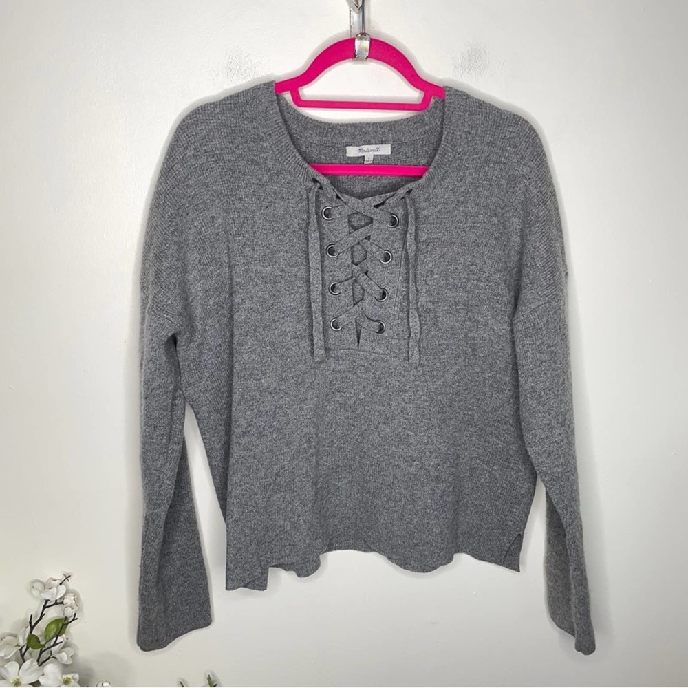 MADEWELL Lace Up Pullover Sweater Merino Wool Gray {KK9} - Picture 2 of 4